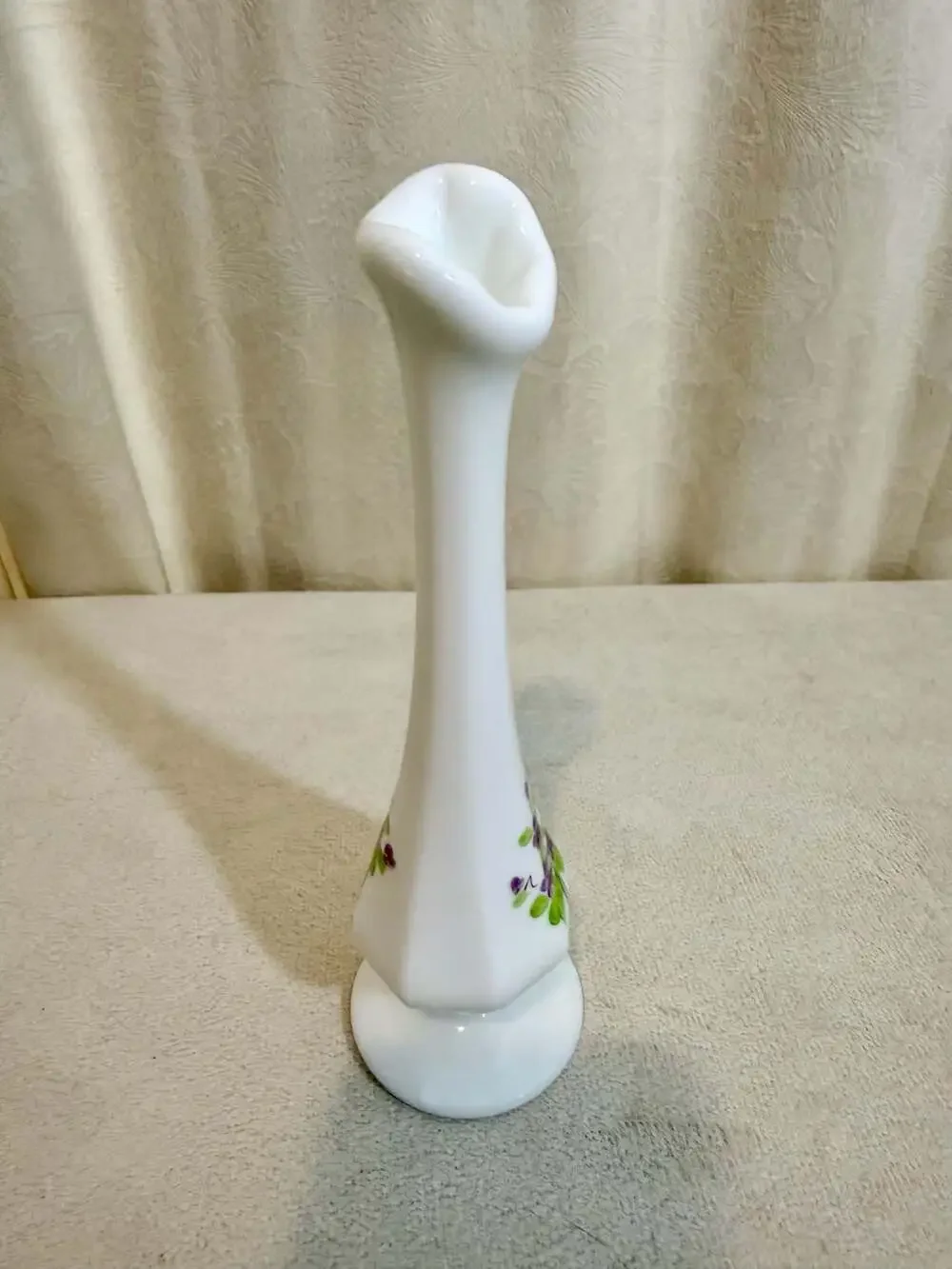 Vintage Fenton Milk Glass Bud Vase with Hand-Painted Violets by Nancy
